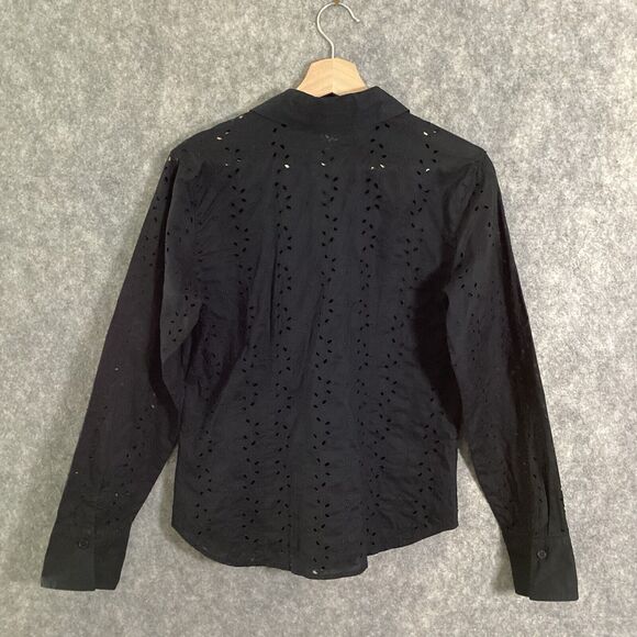 Talbot's Woman Black Eyelet Blouse Button Front Long Sleeves Size 6 Cotton - Picture 3 of 13